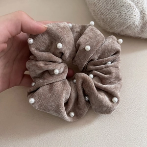 Elegant velvet scrunchie with pearls in vintage brown, soft and oversized hair tie