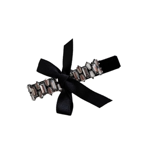 Elegant French style black satin bow hair clip with luxury rhinestone embellishments