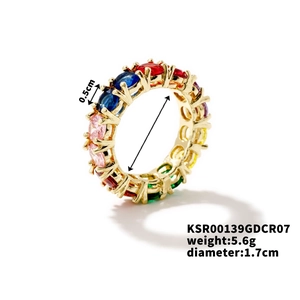 Detailed view of eternity band featuring multi-colored oval stones and product dimensions