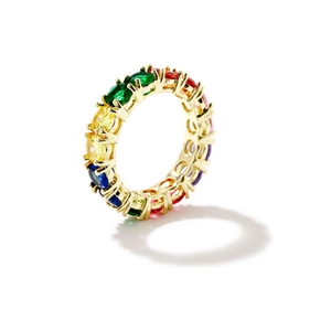 Elegant gold plated rainbow eternity ring featuring multi-colored cubic zirconia stones