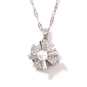 Elegant rotating windmill pendant necklace with sparkling zircon and white pearl center