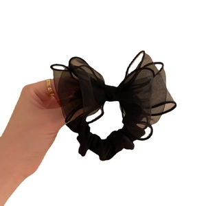 Elegant black organza oversized bow scrunchie for stylish women hair accessories