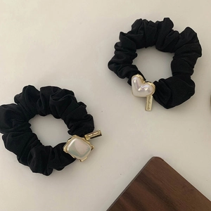 French style black scrunchies set with pearl heart and square charms with gold details