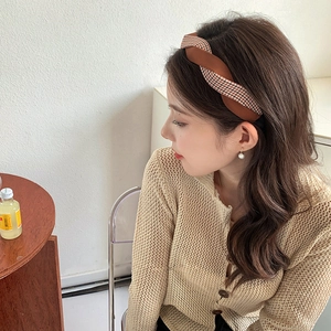 Serre-tête tressé à motif pied-de-poule marron de style français rétro pour femme