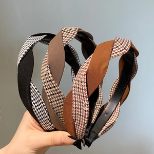Lot de serre-têtes tressés à motif pied-de-poule rétro en noir, marron et caramel