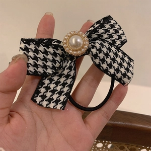 Vintage Houndstooth Bow Hair Tie With Faux Artificial Pearl Elegant French Style Ladylike Elastic Hair Band For Women Hair Accessories