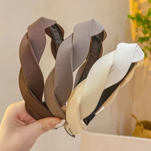 French vintage twisted headband set in coffee, gray, and beige textured fabric