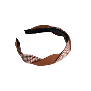 Serre-tête tressé pied-de-poule classique en marron et beige, style vintage français