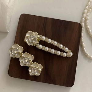 French Vintage White Camellia Hair Clip With Artificial Pearls And Rhinestones Alloy Gold Plated Hairpins For Women Jewelry