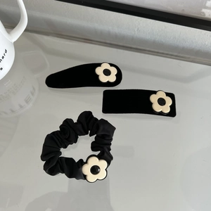 Black velvet hair clips and scrunchie set with white floral charms for women