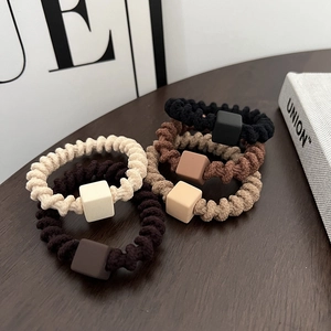 High Elasticity Spiral Hair Tie With Small Square Block Fabric Telephone Wire Style Minimalist Hair Ring For Women Accessories