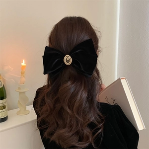 Elegant French style oversized black velvet bow hair clip with pearl floral ornament