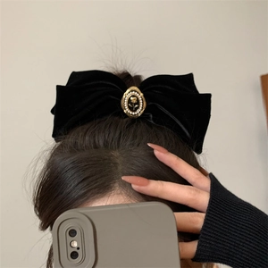 Elegant large black velvet hair bow clip with vintage gold rose emblem and pearls