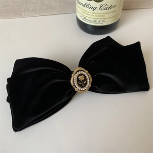 French Vintage Large Black Velvet Bow Hair Clip With Rose Floral Faux Artificial Pearl Emblem Elegant Elegant Hairpin For Women