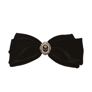 Elegant French velvet oversized black bow hair clip with vintage rose pearl centerpiece