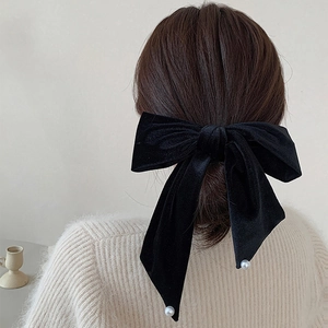 Vintage French Large Velvet Bowknot Hair Clip With Artificial Pearls Elegant Black Spring Clip For Women Hair Accessories