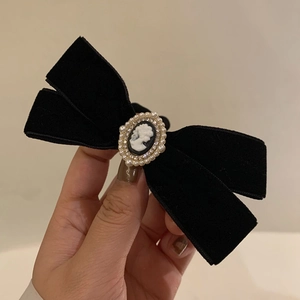 French vintage black velvet bow hair scrunchie with cameo and pearl details