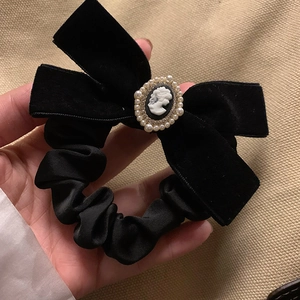 French vintage black velvet bow hair scrunchie with cameo portrait and faux pearl details