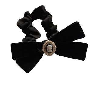 French vintage black velvet bow hair scrunchie with cameo portrait relief and pearls