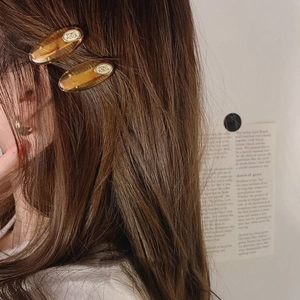 Close-up of tortoise shell oval hair clips with gold metal plates on model's hair