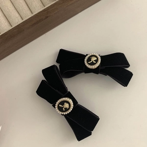French vintage black velvet bow hair clips with rose relief and pearl embellishments