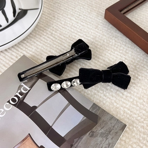 Elegant vintage black velvet bow hair clips with rhinestones and metal duckbill grip