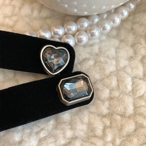Vintage velvet hair clips with heart and square grey crystals on soft cream background