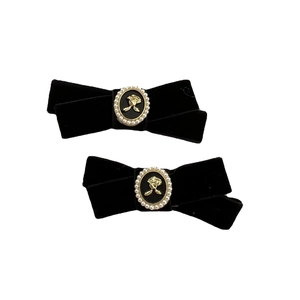 French vintage black velvet bow hair clips with embossed rose and pearl details