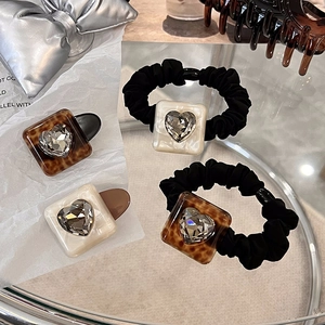 Vintage Leopard Heart Rhinestone Hair Scrunchie Square Acetate Duckbill Clip High Elasticity Hair Accessory For Women
