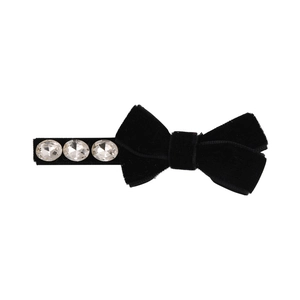 Vintage black velvet bow hair clip with three sparkling rhinestones on white background