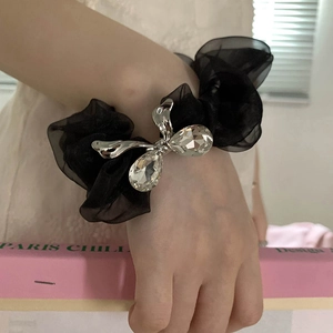 Elegant Organza Bowknot Hair Scrunchie Silver Rhinestone Bow Elastic Hair Band Fashion Ponytail Holder For Women Accessory