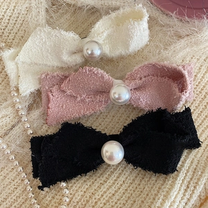 Vintage French Tweed Bow Hair Clip With Large Artificial Pearl Elegant Sweet Frayed Edge Hair Accessories For Women Girls Daily Party