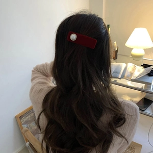 French vintage deep red velvet hair clip with a large white pearl and silver lace trim