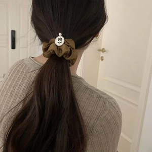 Elegant olive green satin scrunchie with vintage rose relief and pearl embellishment
