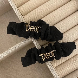 Vintage Black Pleated Fabric Hair Clip With Golden Dear Metal Letters Elegant Duckbill Clip For Women Daily Party Accessories