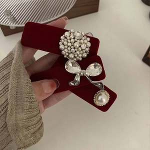 Vintage Red Velvet Hair Clip Set With Imitation Artificial Pearl Rhinestone Zirconia Bow Elegant Hairpins Hair Accessories For Women