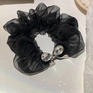 Elegant black organza hair scrunchie with silver rhinestone bow and crystal droplets