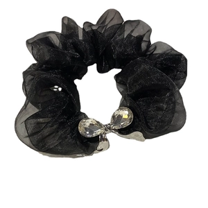 Elegant black organza scrunchie featuring a silver metal bow with sparkling crystal drops