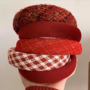 Set of autumn winter thick red headbands in velvet, tweed and checkered patterns
