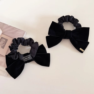 French vintage black velvet bow hair scrunchies with handmade embroidery and metal tag