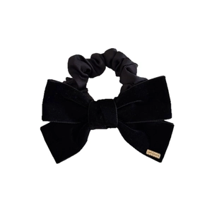 French vintage black velvet bow hair scrunchie with golden label for women ponytail