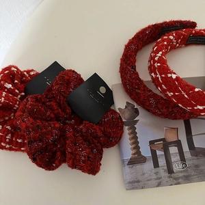 Red Tweed Plaid Headband Scrunchie Set For Women Plump High Cranial Top New Year Festive Fashion Hair Accessories