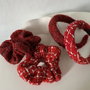Red plaid tweed headband and scrunchie set for elegant festive hair styling