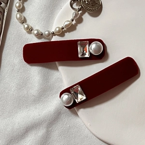 Pair of vintage wine red velvet hair clips with rectangular zircon and pearl accents