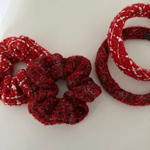 Elegant red tweed headband and scrunchie set featuring classic plaid patterns for women