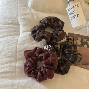 Three-pack of autumn winter plaid scrunchies with smiley face tags in British style