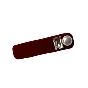 Elegant vintage velvet hair clip with rhinestone and pearl decoration in dark wine red color