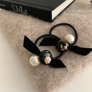 Chouchou en Velours Vintage Français Avec Nœud Fausse Künstliche Perle Alliage Or Rose Camélia Relief Accessoires Cheveux Élastiques