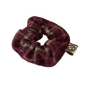 British style vintage red plaid scrunchie with smiley face tag for autumn and winter