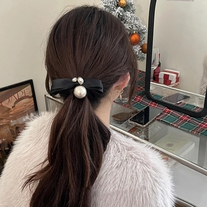 Elegant black satin bow hair tie with large white pearl and rhinestones for women